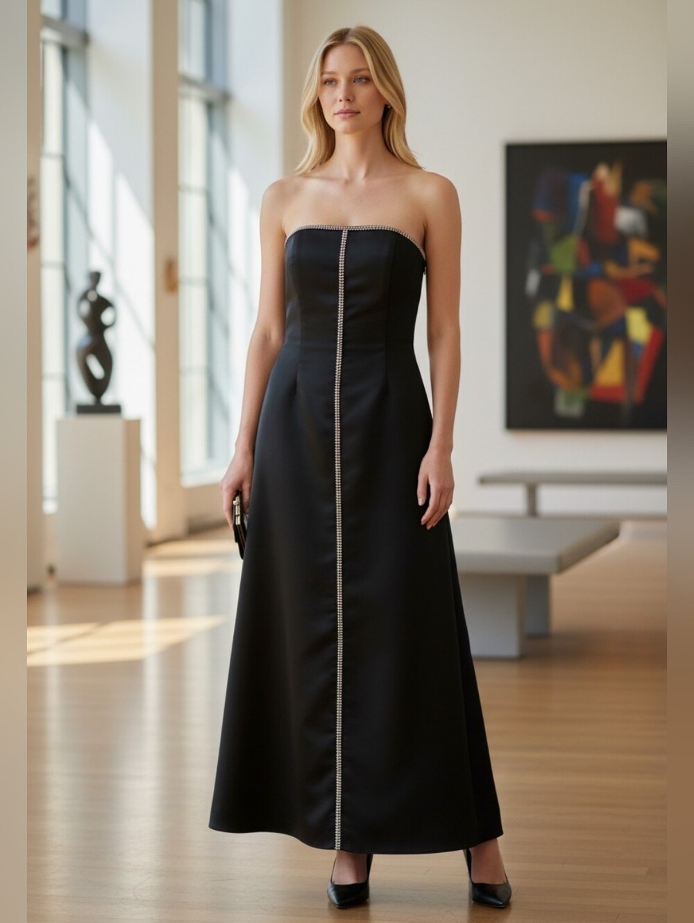 Jessica McClintock Black Prom Dress Vintage 80s Formal Gown Rhinestones Satin 4 - Picture 1 of 15